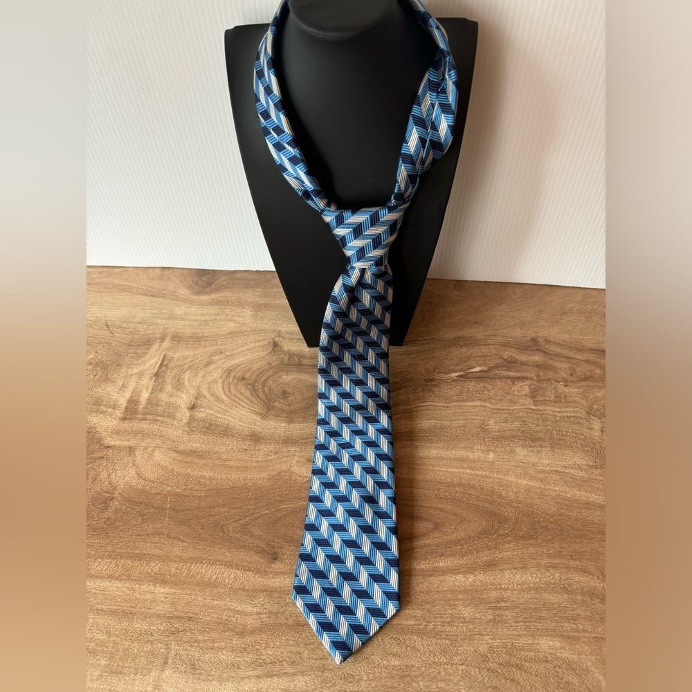Lauren Ralph Lauren Blue White Geometric Men's Silk Neck Tie Handmade Vintage